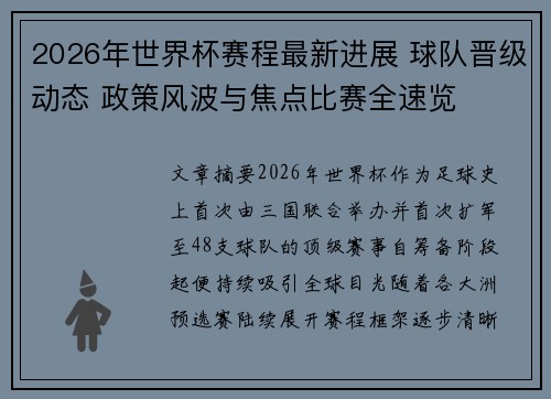 2026年世界杯赛程最新进展 球队晋级动态 政策风波与焦点比赛全速览